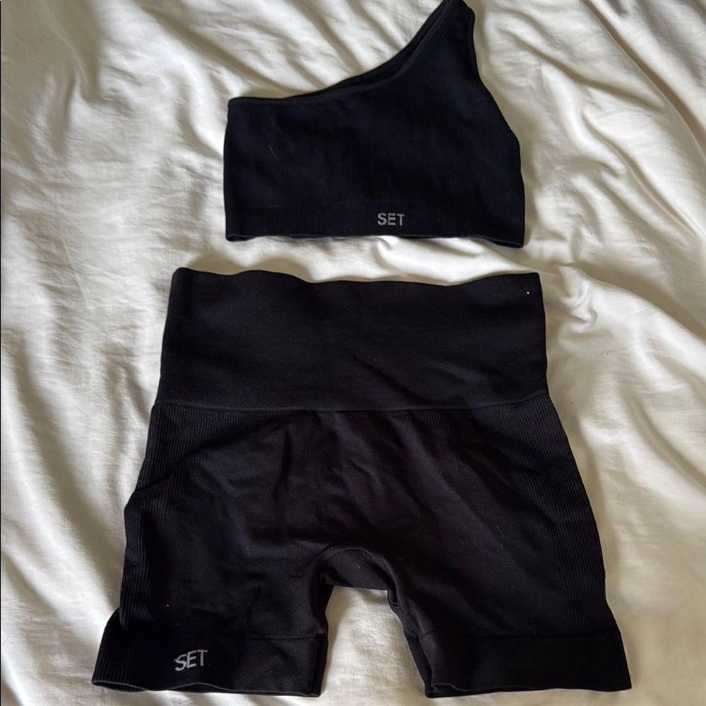 SET Active Black one shoulder Sports Bra and Shorts Set